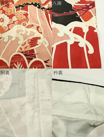 平和屋本店●アンティーク 大正ロマン 振袖 駒刺繍 立波松花文 黒地 金彩 正絹 逸品 CABD8924gh