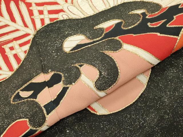 平和屋本店●アンティーク 大正ロマン 振袖 駒刺繍 立波松花文 黒地 金彩 正絹 逸品 CABD8924gh