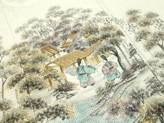 平和屋着物●訪問着 総絞り 駒刺繍 手描き 人物風景文 暈し染め 金彩 正絹 逸品 CABD8925gh