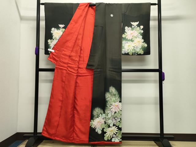 平和屋着物●アンティーク 大正ロマン 黒留袖 刺繍 孔雀花文 金彩 正絹 逸品 CABD8930gh