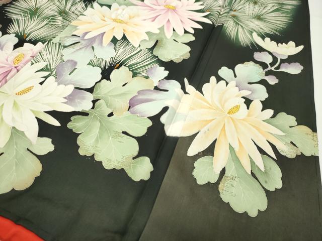 平和屋着物●アンティーク 大正ロマン 黒留袖 刺繍 孔雀花文 金彩 正絹 逸品 CABD8930gh