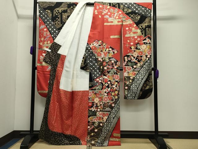 平和屋着物●豪華振袖 駒刺繍 絞り 飛鶴宝尽くし文 金彩 正絹 逸品 CABD8989gh
