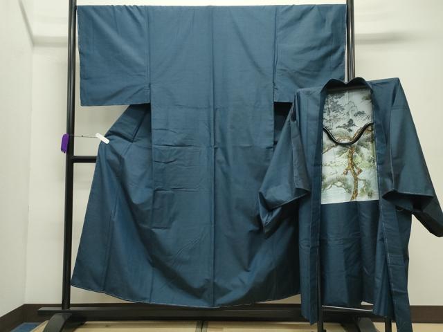 平和屋着物●男性 紬 アンサンブル 藍色 正絹 逸品 未使用 CABD8991gh