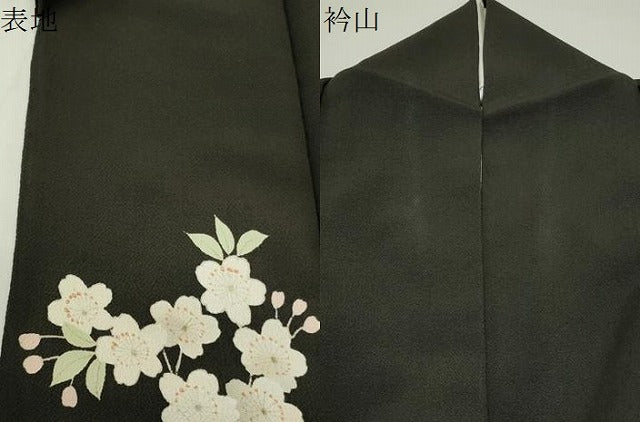 平和屋着物●訪問着 枝桜文 黒地 鬼しぼ縮緬 正絹 逸品 CABD9012gh