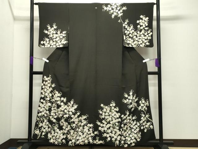 平和屋着物●訪問着 枝桜文 黒地 鬼しぼ縮緬 正絹 逸品 CABD9012gh