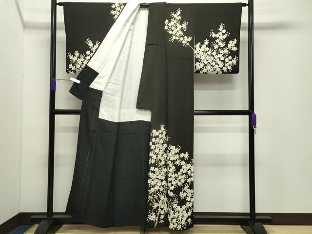 平和屋着物●訪問着 枝桜文 黒地 鬼しぼ縮緬 正絹 逸品 CABD9012gh