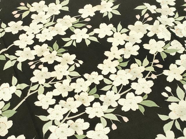 平和屋着物●訪問着 枝桜文 黒地 鬼しぼ縮緬 正絹 逸品 CABD9012gh