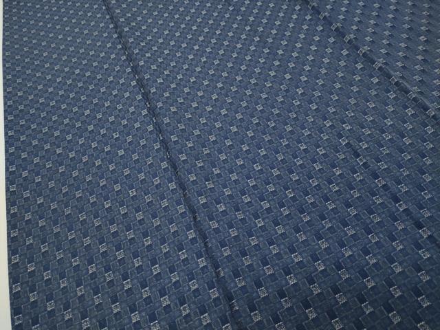 平和屋着物●上質なお召 藍染苑 市松文 反端付き 正絹 逸品 CABD9075gh