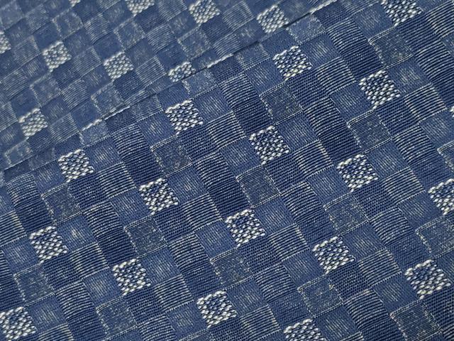 平和屋着物●上質なお召 藍染苑 市松文 反端付き 正絹 逸品 CABD9075gh