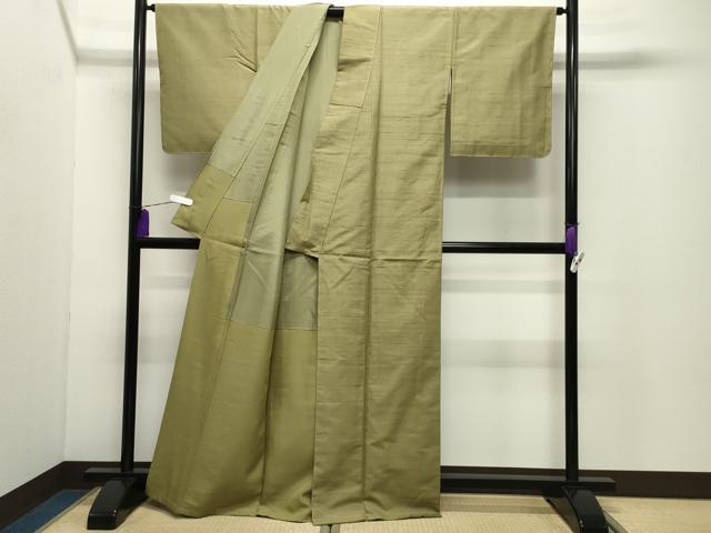 平和屋着物●山崎青樹作 草木染研究所 紬 草木染 老竹色 反端付き 正絹 逸品 未使用 CABD9117gh
