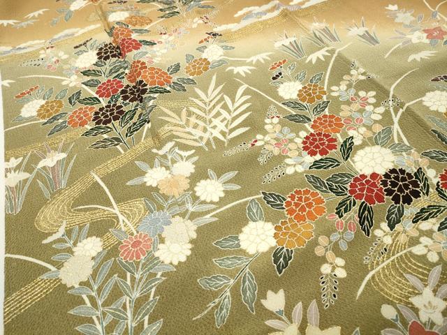 平和屋着物●訪問着 駒刺繍 流水草花文 暈し染め 金彩 鬼しぼ縮緬 正絹 逸品 CABD9148gh