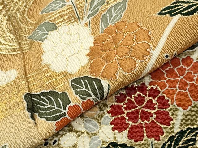 平和屋着物●訪問着 駒刺繍 流水草花文 暈し染め 金彩 鬼しぼ縮緬 正絹 逸品 CABD9148gh