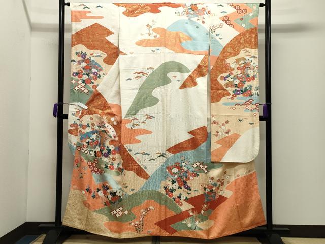 平和屋着物●創業460年・千總 振袖 駒刺繍 御所車檜扇花文 金彩 小田急百貨店扱い 正絹 逸品 CABD9163gh