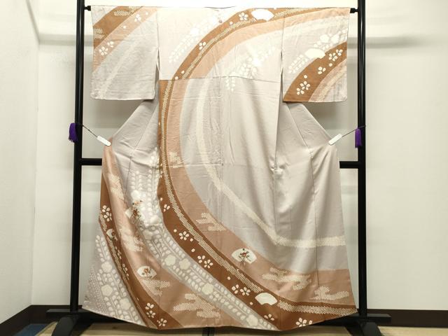 平和屋着物●中国三大刺繍 相良刺繍 訪問着 絞り 地紙枝椿花文 金糸 正絹 逸品 CABD9164gh