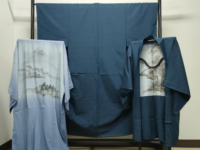 平和屋着物●男性 紬 アンサンブル・長襦袢セット 色無地 青藍色 正絹 逸品 未使用 CABD9179gh
