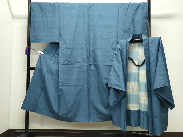 平和屋着物●男性 紬 アンサンブル 色無地 藍鼠色 正絹 逸品 CABD9209gh