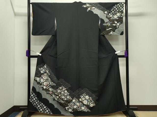 平和屋着物●訪問着 辻が花 黒地 金彩 洗える着物 CABD9225gh