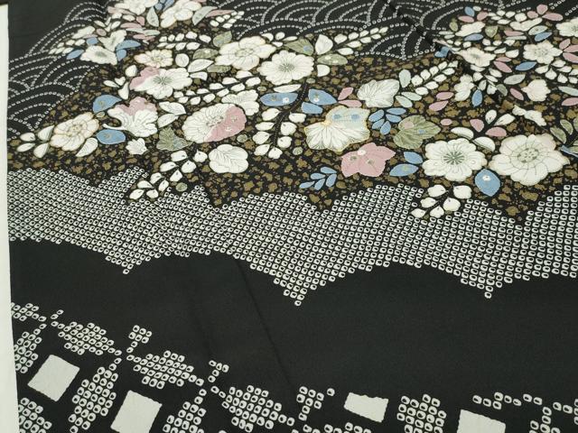 平和屋着物●訪問着 辻が花 黒地 金彩 洗える着物 CABD9225gh