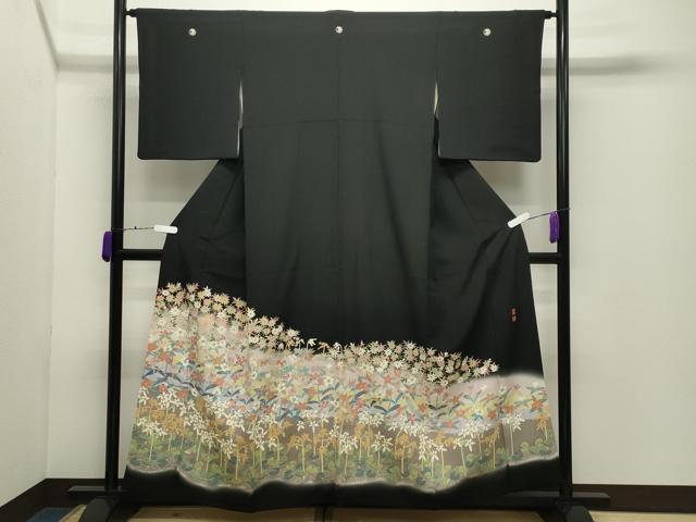 平和屋着物●本加賀友禅作家 百貫華峰 黒留袖 草花文 暈し染め 正絹 逸品 CABD9226gh