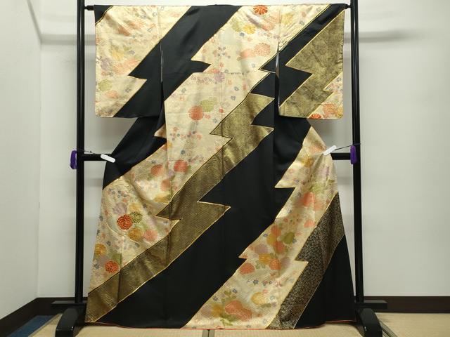 平和屋着物●訪問着　駒刺繍　流水菊花文　黒地　金彩　正絹　逸品　CABD9265gh 平和屋着物○訪問着 駒刺繍 流水菊花文 黒地 金彩 正絹 逸品 CABD9265gh