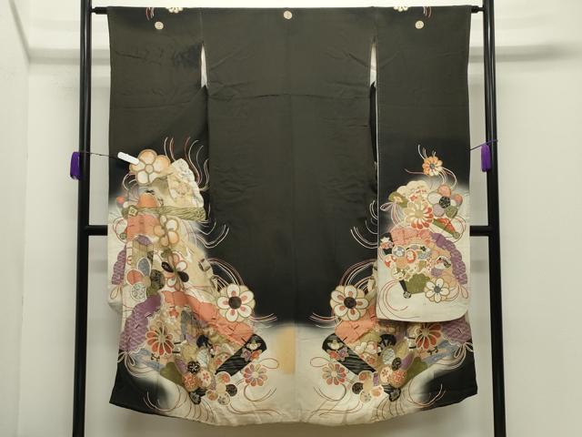 平和屋本店●アンティーク 大正ロマン 振袖 駒刺繍 檜扇御所車花文 暈し染め 黒地 金彩 正絹 逸品 CABD9291gh