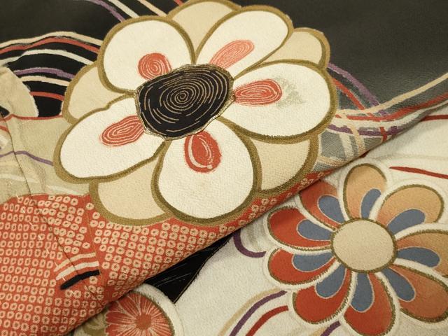 平和屋本店●アンティーク 大正ロマン 振袖 駒刺繍 檜扇御所車花文 暈し染め 黒地 金彩 正絹 逸品 CABD9291gh