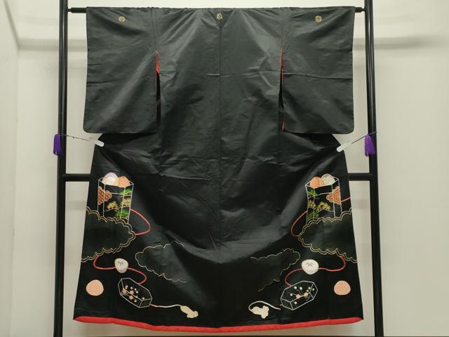 平和屋本店●アンティーク 大正ロマン 黒留袖 駒刺繍 雲取り貝桶松竹梅文 正絹 逸品 CABD9294gh