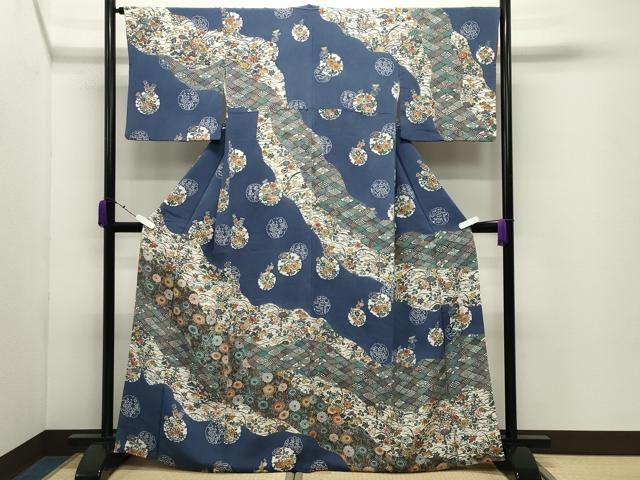 平和屋着物●江戸紅型 五味桂子 訪問着 雪輪花唐草文 鬼しぼ縮緬 正絹 逸品 CABD9305gh