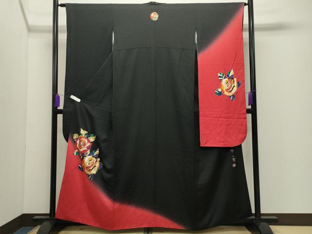 平和屋着物●染色作家 草野一騎 振袖 薔薇 暈し染め 黒地 金彩 正絹 逸品 CABD9323gh