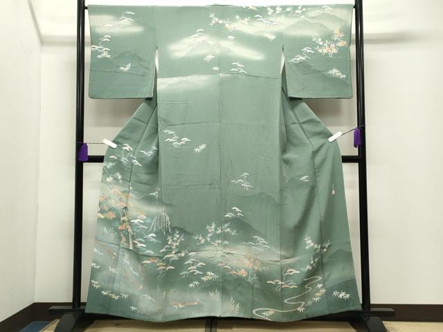 平和屋着物●訪問着 友禅 作家物 人物風景松竹梅文 暈し染め 鬼しぼ縮緬 正絹 逸品 CABD9338gh