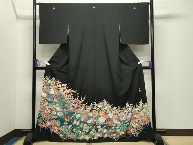 平和屋着物●豪華黒留袖 友禅 作家物 鴛鴦花文 暈し染め 正絹 逸品 CABD9422gh