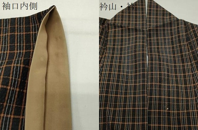 平和屋着物●上質な紬 格子柄 黒地 正絹 逸品 CABD9459gh