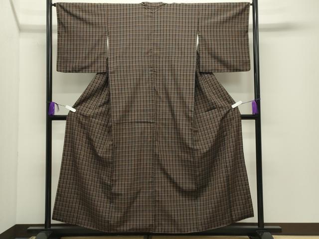 平和屋着物●上質な紬 格子柄 黒地 正絹 逸品 CABD9459gh