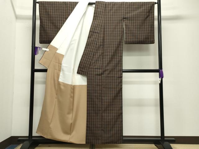 平和屋着物●上質な紬 格子柄 黒地 正絹 逸品 CABD9459gh