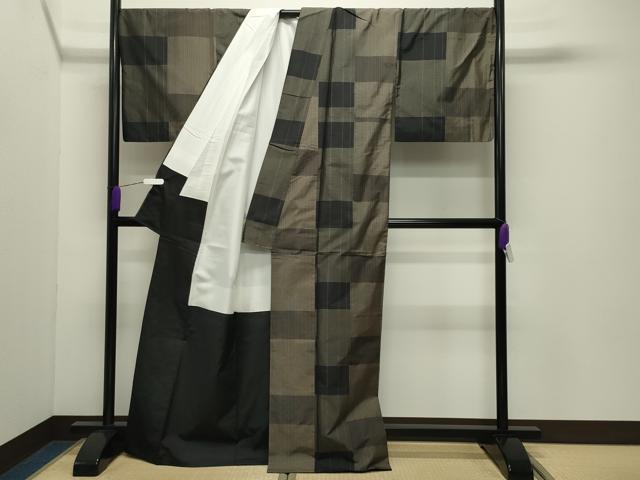 平和屋着物●上質な紬 市松文 正絹 逸品 CABD9462gh