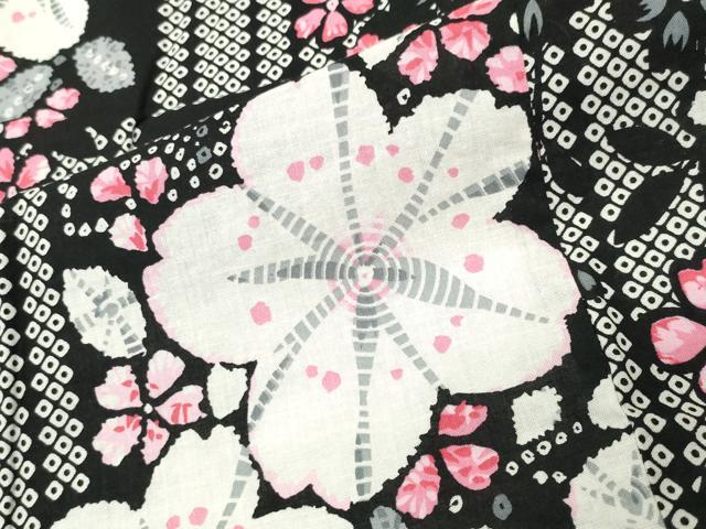 平和屋着物∴夏物 浴衣 市松舞桜文 黒地 綿 逸品 CABD9528gh