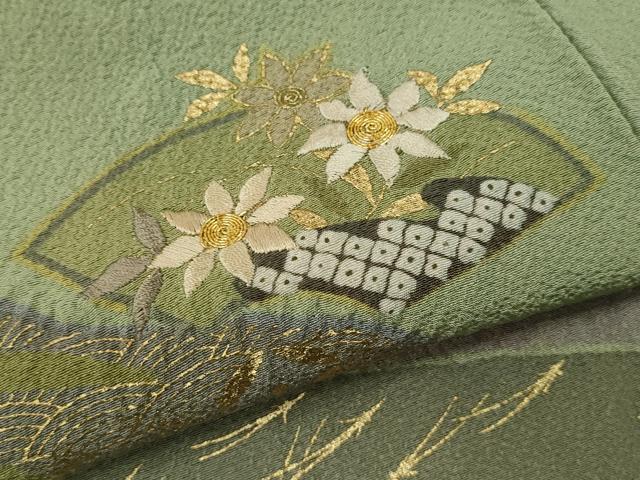 平和屋着物▼訪問着 駒刺繍 地紙道長草花文 金彩 やまと謹製 正絹 逸品 CABD9613ze