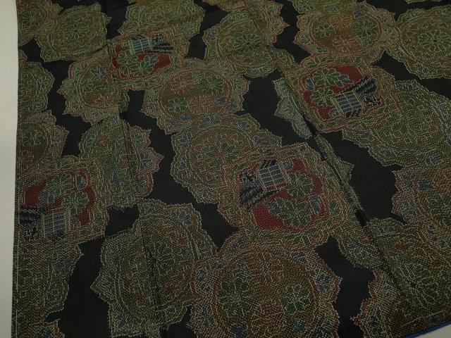 平和屋着物■上質な紬 絵皿更紗吉祥花文 黒地 正絹 逸品 未使用 CABD9659ze