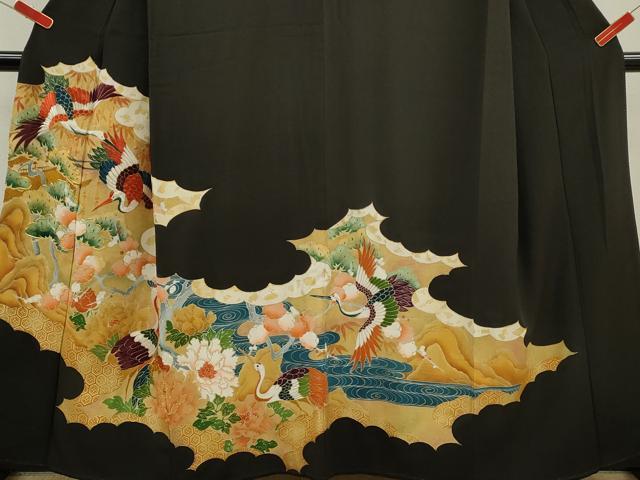 平和屋着物■豪華黒留袖 駒刺繍 松竹梅飛鶴流水草花文 金彩 正絹 逸品 CABD9660ze