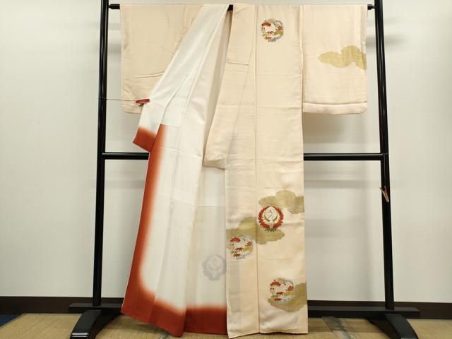 平和屋着物■訪問着 駒刺繍 松竹梅雲取り飛鶴丸文 金彩 正絹 逸品 CABD9714ze