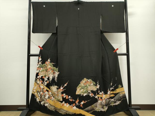 平和屋着物■豪華黒留袖 作家物 駒刺繍 松竹梅地紙草花文 金彩 正絹 逸品 CABD9961ze