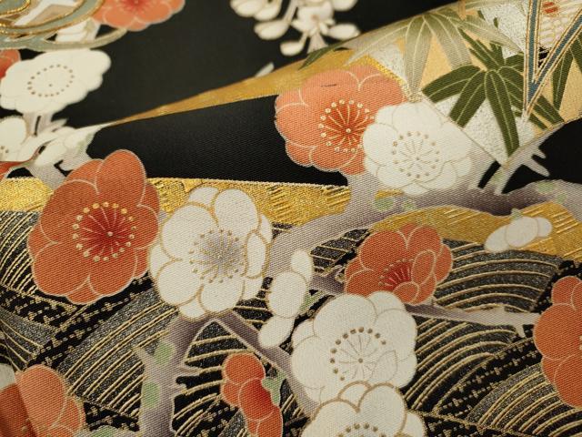 平和屋着物■豪華黒留袖 作家物 駒刺繍 松竹梅地紙草花文 金彩 正絹 逸品 CABD9961ze