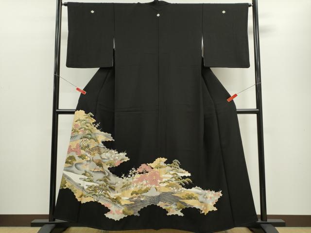 平和屋着物■豪華黒留袖 駒刺繍 孔雀風景花文 金彩 正絹 逸品 CABD9974ze