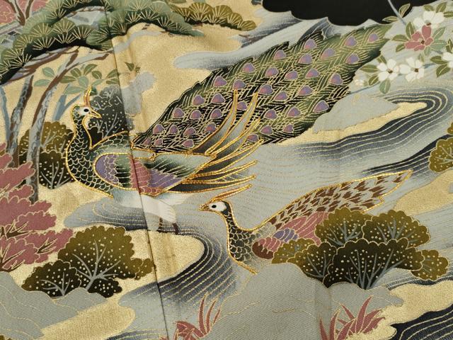 平和屋着物■豪華黒留袖 駒刺繍 孔雀風景花文 金彩 正絹 逸品 CABD9974ze