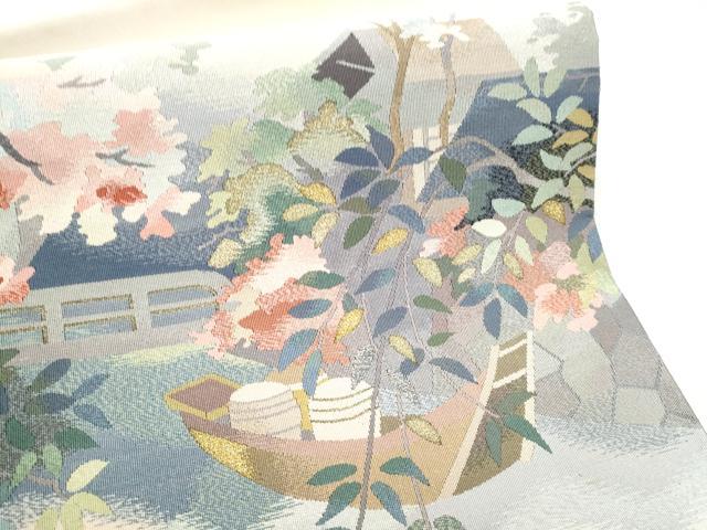 平和屋着物●爪掻き本綴れ 八寸名古屋帯 船 風景草花文 金銀糸 正絹 逸品 CABE0040hy