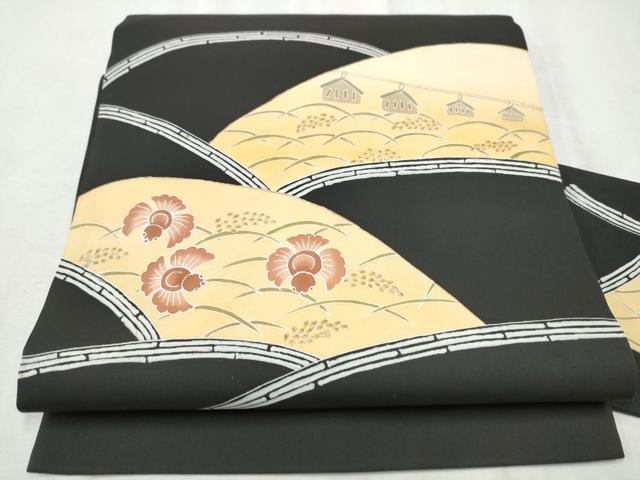 平和屋着物●染色工芸作家 田内康近 塩瀬 九寸名古屋帯 ふくら雀 稲穂 黒地 金彩 正絹 逸品 CABE0058hy