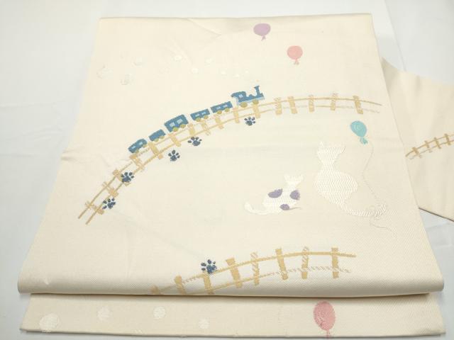 平和屋着物●九寸名古屋帯　唐織　猫　汽車　風船　金糸　正絹　逸品　CABE0127hy 平和屋着物○九寸名古屋帯 唐織 猫 汽車 風船 金糸 正絹 逸品 CABE0127hy