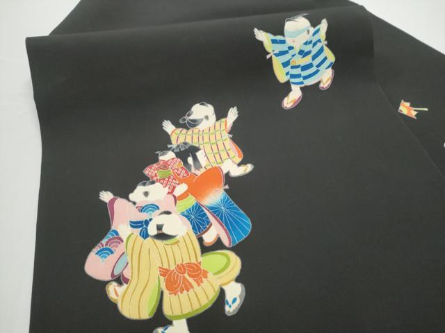 平和屋着物●東京友禅 熊谷好博子 塩瀬 九寸名古屋帯 童子遊び 黒地 正絹 逸品 CABE0136hy