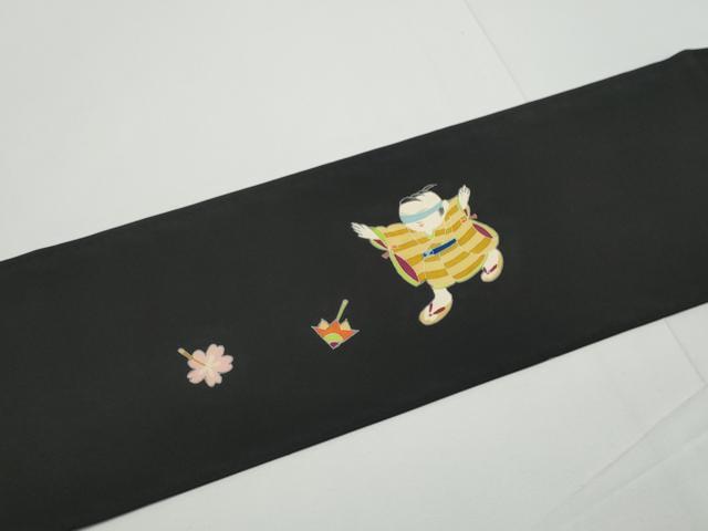 平和屋着物●東京友禅 熊谷好博子 塩瀬 九寸名古屋帯 童子遊び 黒地 正絹 逸品 CABE0136hy