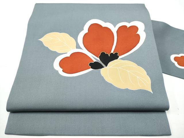 平和屋着物●塩瀬 九寸名古屋帯 駒刺繍 舞花文 錆鼠色 金彩 正絹 逸品 CABE0246hy